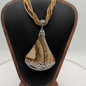 Large Picture Jasper Stone Sailboat Pendant Multi Strand Seed Bead Necklace